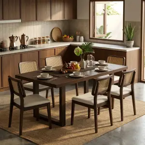 Meja Makan Kayu Solid Kaki U-Frame Dark Walnut [4]