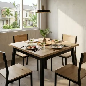 Meja Makan Kotak Top Kayu Kaki Besi Hitam