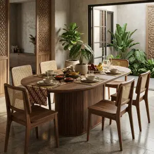 Meja Makan Oval Kayu Solid Kaki Pedestal Fluted [3]