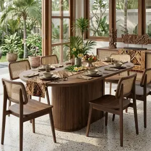 Meja Makan Oval Kayu Solid Kaki Pedestal Fluted [4]