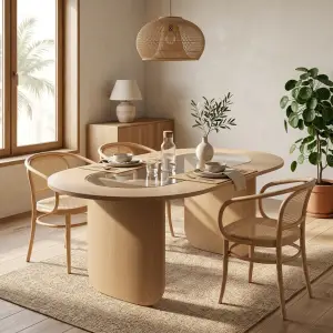 Meja Makan Oval Kayu Veneer dengan Inset Kaca Tengah