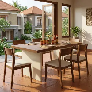 Meja Makan Panel Leg Top Kayu Walnut