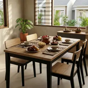 Meja Makan Two-Tone Top Kayu Kaki Hitam [3]