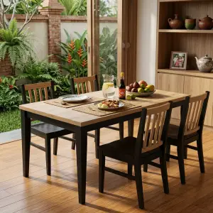 Meja Makan Two-Tone Top Kayu Kaki Hitam [4]