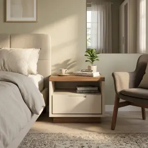 Nakas Minimalis Kayu Walnut Kombinasi Putih 1 Laci Open Shelf [3]