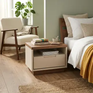 Nakas Minimalis Kayu Walnut Kombinasi Putih 1 Laci Open Shelf [4]