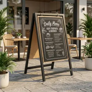 Papan Menu A-Frame Kayu & Besi dengan Papan Tulis [1]