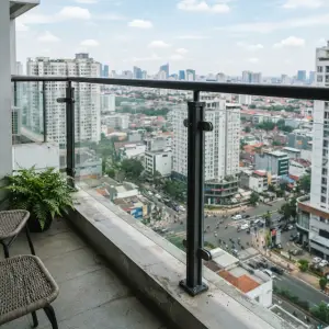 Railing Balkon Kaca Tempered Rangka Besi Hollow