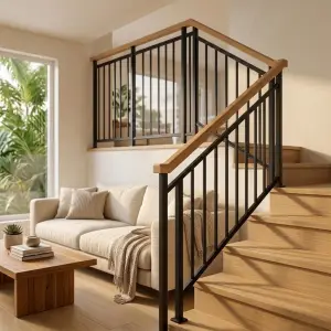 Railing Tangga Besi Hollow Handrail Kayu Modern