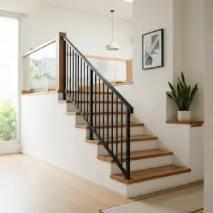 Railing Tangga Besi Hollow Kombinasi Handrail Kayu