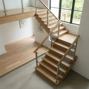 Railing Tangga Kaca Tempered Handrail Kayu Natural