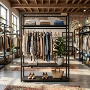 Rak Display Baju Besi dengan Gantungan dan Shelving