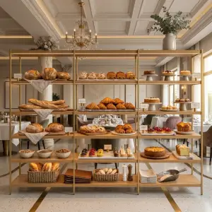 Rak Display Bakery Rangka Besi Finishing Gold dengan Rak Kayu [3]