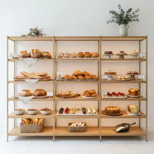 Rak Display Bakery Rangka Besi Finishing Gold dengan Rak Kayu [5]
