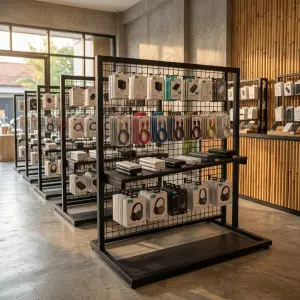 Rak Display Gridwall dengan Rak Kayu dan Hook Gantung [2]
