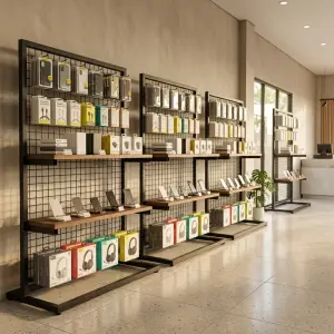 Rak Display Gridwall dengan Rak Kayu dan Hook Gantung [3]