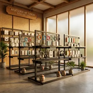 Rak Display Gridwall dengan Rak Kayu dan Hook Gantung [5]