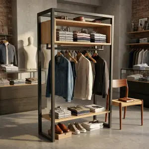 Rak Display Pakaian Besi Kayu Gaya Industrial