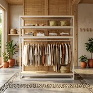 Rak Display Pakaian Besi Kayu Open Shelf dengan Hanging Rail [2]