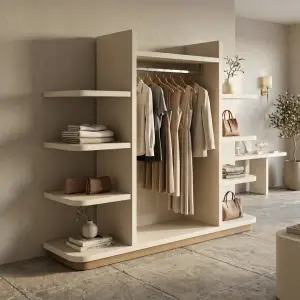 Rak Display Pakaian dengan Hanging Rail dan Rak Samping Bertingkat [3]