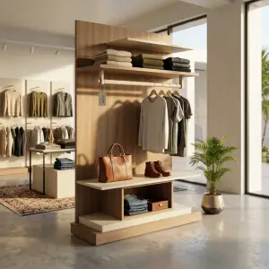 Rak Display Pakaian Toko dengan Hanging Rail dan Rak Bertingkat
