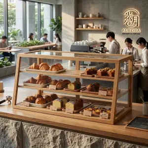 Rak Display Pastry Kayu 3 Susun dengan Kaca