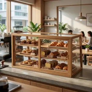 Rak Display Pastry Kayu 3 Susun dengan Kaca [4]