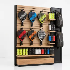 Rak Display Raket Padel Slatwall Panel Kayu dan Besi [5]
