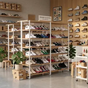 Rak Display Sepatu Rangka Besi Rak Kayu untuk Toko Retail