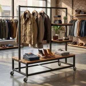 Rak Gantung Pakaian Industrial dengan Rak Display Kayu Beroda