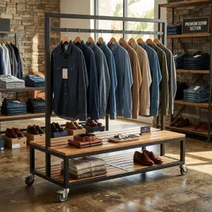 Rak Gantung Pakaian Industrial dengan Rak Display Kayu Beroda