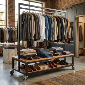 Rak Gantung Pakaian Industrial dengan Rak Display Kayu Beroda [2]