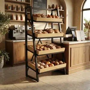 Rak Pastry Display 4 Susun Rangka Besi Nampan Kayu [4]