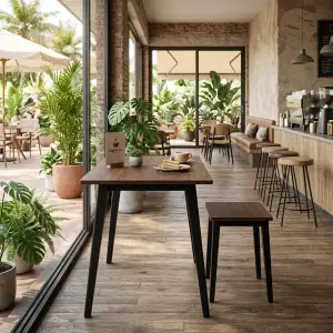 Set Meja Cafe dan Stool Kayu Walnut Kaki Metal Hitam