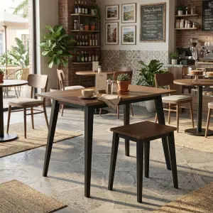 Set Meja Cafe dan Stool Kayu Walnut Kaki Metal Hitam [4]