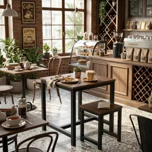 Set Meja Cafe dan Stool Kayu Walnut Kaki Metal Hitam