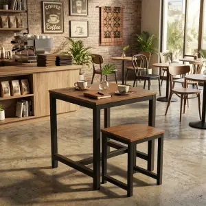 Set Meja Cafe dan Stool Kayu Walnut Kaki Metal Hitam [4]
