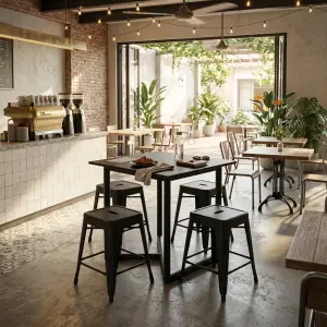 Set Meja Cafe dan Stool Kayu Walnut Kaki Metal Hitam [3]