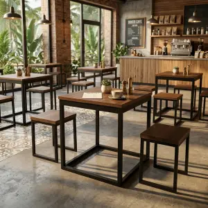 Set Meja Cafe Industrial Rangka Besi Top Kayu