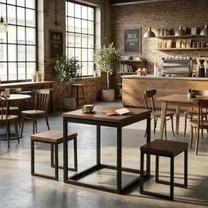 Set Meja Cafe Industrial Rangka Besi Top Kayu [3]