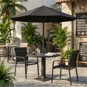 Set Meja Cafe Outdoor Bundar dengan Payung Pelindung