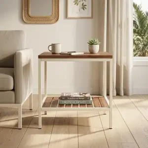 Side Table Besi Kayu Dua Tingkat dengan Rak Bawah