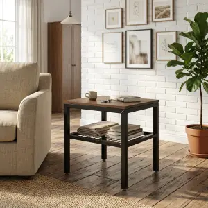Side Table Industrial Top Kayu Rak Kawat Besi