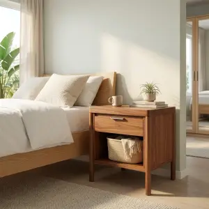 Side Table Kayu Jati 1 Laci Open Shelf Gaya Skandinavian [2]