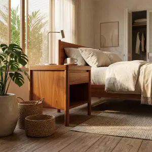 Side Table Kayu Jati 1 Laci Open Shelf Gaya Skandinavian [3]