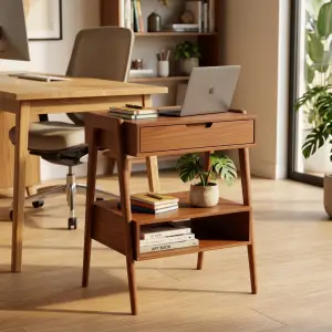 Side Table Kayu Laci 1 Pintu dengan Rak Terbuka Gaya Skandinavia [4]