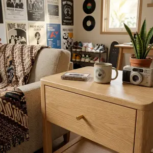Side Table Kayu Oak Laci Tunggal Rak Bawah [4]