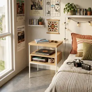 Side Table Kayu Rangka Besi dengan Rak Terbuka