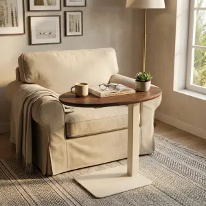 Side Table Oval Top Kayu Walnut Kaki Besi [3]