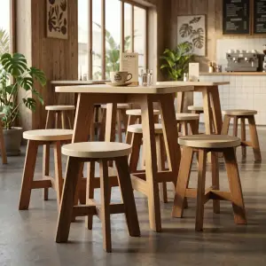 Stool Cafe Kayu Solid Kaki A-Frame Seat Bulat [3]